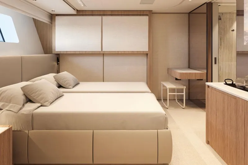  Yacht Photos Pics Luxurious 2025 Sanlorenzo SD90 yacht bedroom with modern design and elegant furnishings.