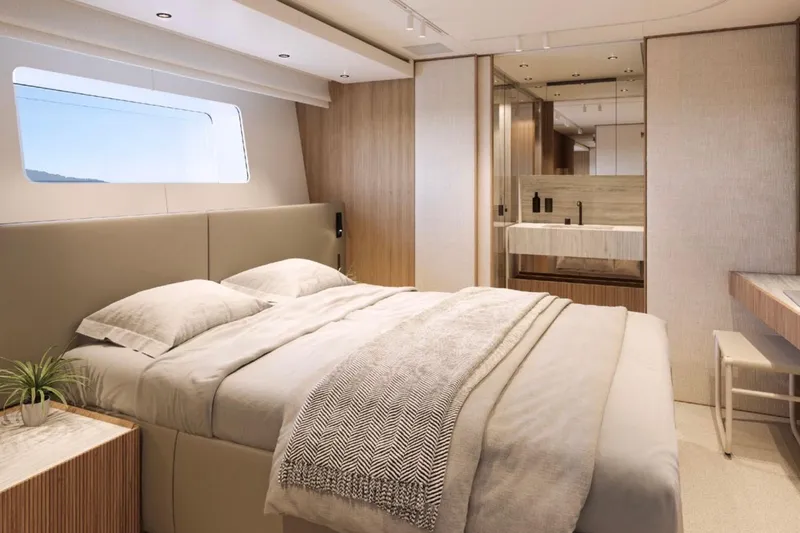  Yacht Photos Pics Luxurious bedroom interior of 2025 Sanlorenzo SD90 yacht, featuring modern design and elegant furnishings.