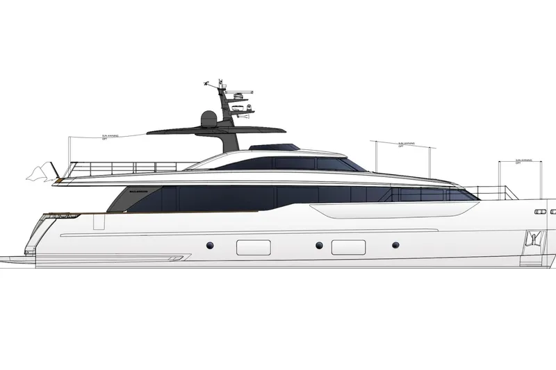  Yacht Photos Pics 2025 Sanlorenzo SD90 yacht side view, sleek design, modern luxury vessel.
