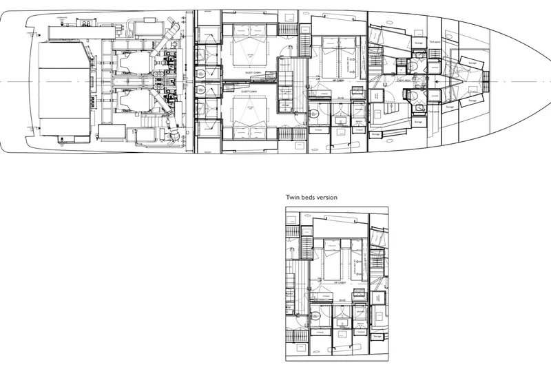  Yacht Photos Pics Floor plan of 2025 Sanlorenzo SD90 yacht, featuring guest cabins and engine room layout.