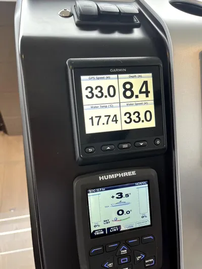 Waypoint Yacht Photos Pics Control panel of 2024 Fairline Squadron 50 yacht with Garmin and Humphree displays.