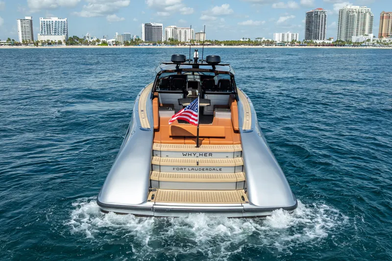 Why Her Yacht Photos Pics 2024 Wajer 55 HT yacht cruising near Fort Lauderdale with American flag.