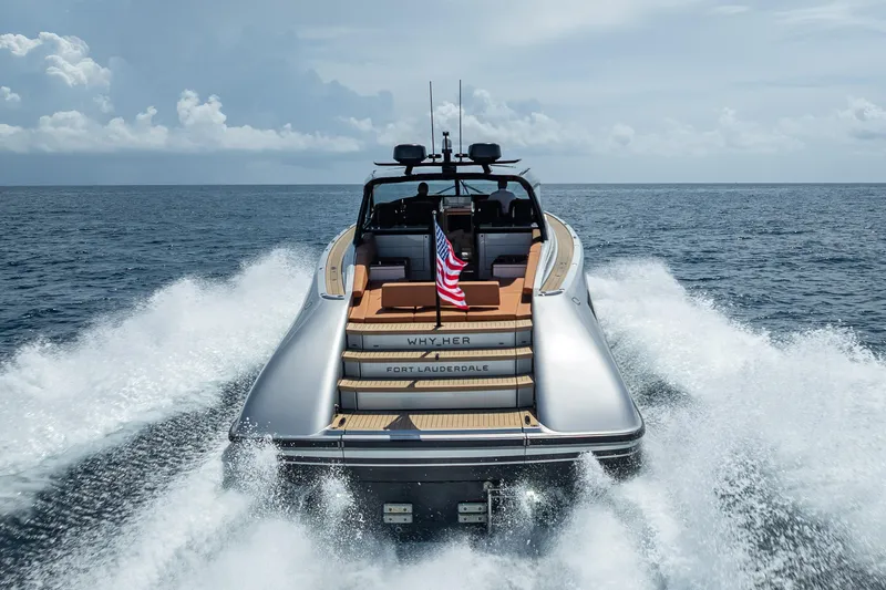 Why Her Yacht Photos Pics 2024 Wajer 55 HT yacht cruising on open sea with American flag.