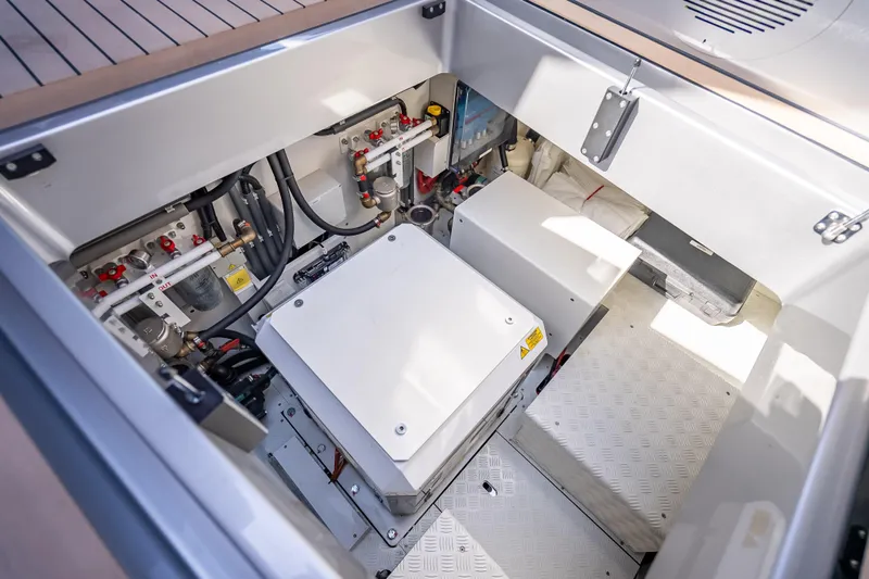 Why Her Yacht Photos Pics Engine compartment of 2024 Wajer 55 HT yacht, showcasing advanced mechanical systems.