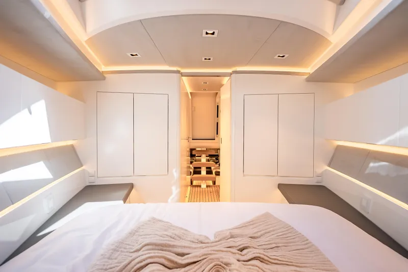 Why Her Yacht Photos Pics Luxurious interior of 2024 Wajer 55 HT yacht, featuring modern design and ambient lighting.