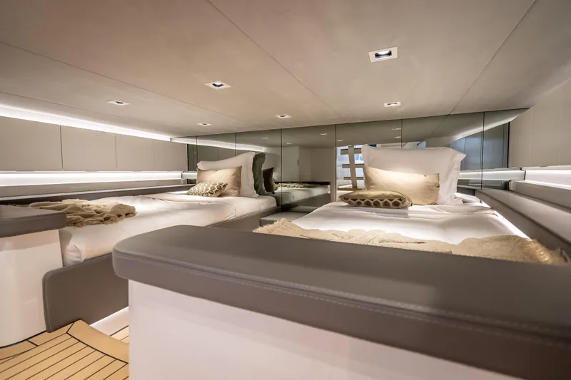 Why Her Yacht Photos Pics Luxurious interior cabin of 2024 Wajer 55 HT yacht with elegant bedding.