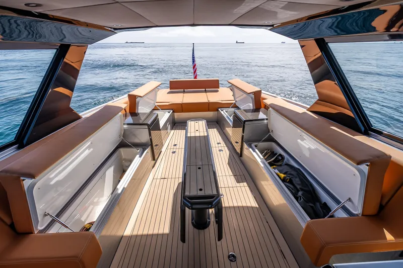 Why Her Yacht Photos Pics Luxurious 2024 Wajer 55 HT yacht interior with spacious seating and ocean view.