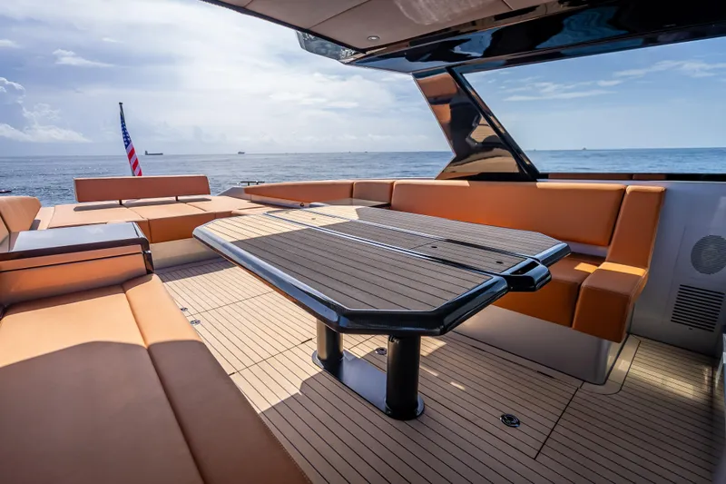 Why Her Yacht Photos Pics Luxurious 2024 Wajer 55 HT yacht interior with elegant seating and ocean view.