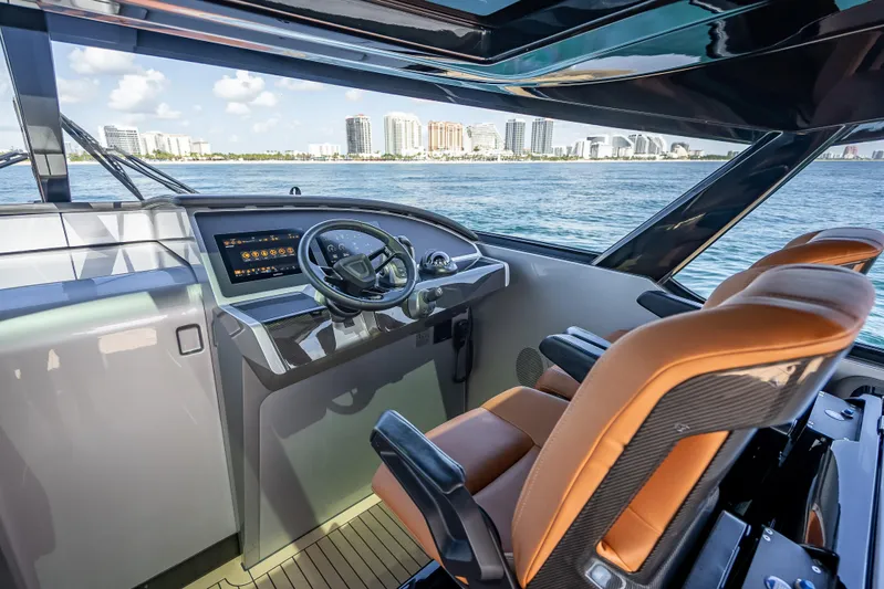 Why Her Yacht Photos Pics Interior of 2024 Wajer 55 HT yacht with modern helm and luxurious seating.