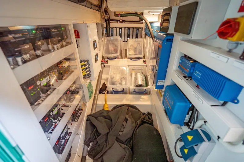 Why Her Yacht Photos Pics Electrical system room of 2024 Wajer 55 HT yacht, featuring advanced equipment and controls.