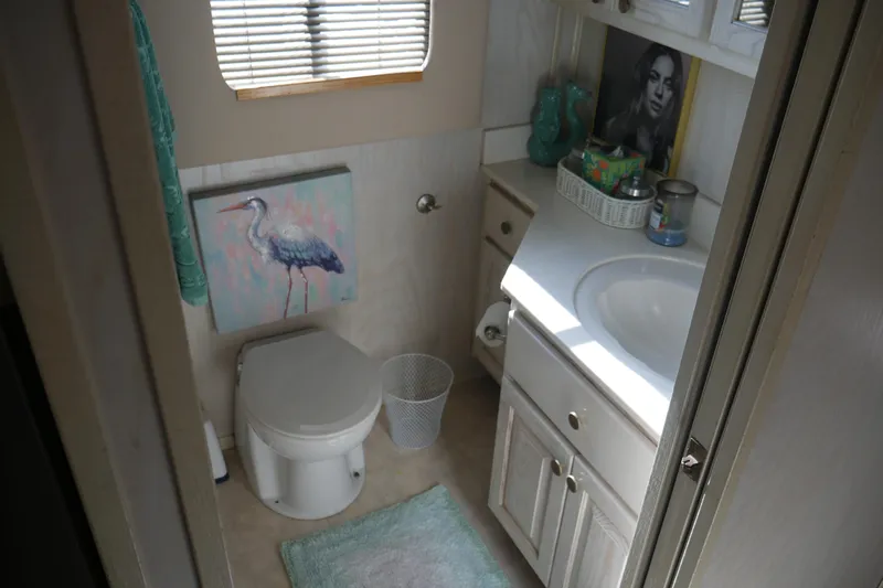  Yacht Photos Pics Compact bathroom in 1996 STARDUST Cruiser with heron artwork and modern decor.