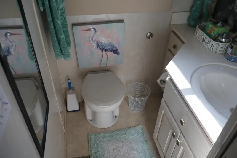  Yacht Photos Pics Bathroom in 1996 STARDUST Cruiser with heron artwork and teal accents.