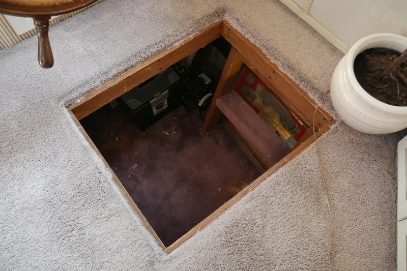  Yacht Photos Pics Hidden compartment in carpeted floor, STARDUST Cruiser 1996, with storage and plant nearby.