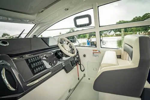  Yacht Photos Pics Interior helm of 2024 Beneteau 36 Gran Turismo GT yacht with modern controls.