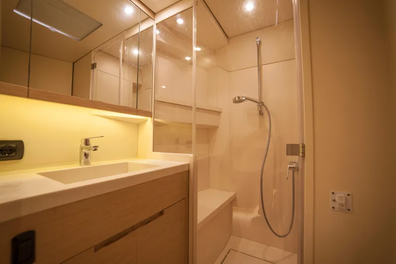Alias Yacht Photos Pics Luxurious bathroom in 2014 Adria ORCA 50 yacht with modern shower and vanity.