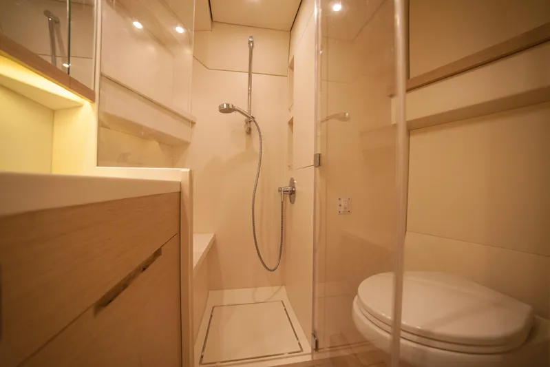 Alias Yacht Photos Pics Luxurious bathroom in 2014 Adria ORCA 50 yacht with modern shower and toilet.