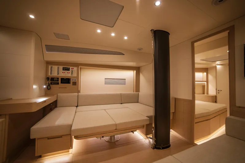 Alias Yacht Photos Pics Luxurious interior of 2014 Adria ORCA 50 yacht with modern seating and ambient lighting.