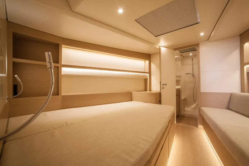 Alias Yacht Photos Pics Luxurious interior of 2014 Adria ORCA 50 yacht with modern design and ambient lighting.