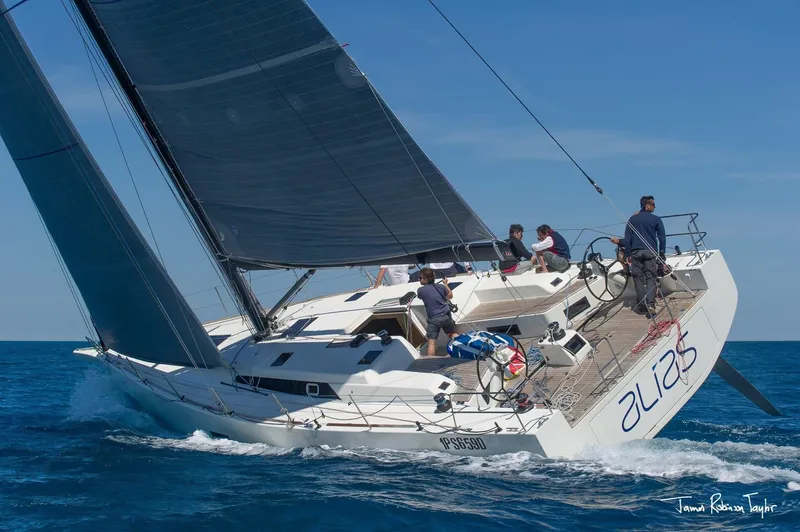 Alias Yacht Photos Pics Sailing yacht Adria ORCA 50, 2014 model, navigating blue ocean waters.