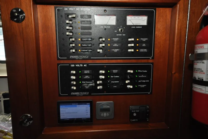 In The Flow Yacht Photos Pics Electrical control panel on 1982 Custom Virpack Steelhull boat, featuring DC and AC systems.