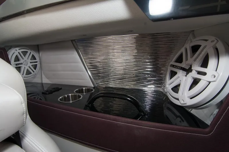  Yacht Photos Pics Interior of 2019 Donzi 41 GT boat with speakers and cup holders.