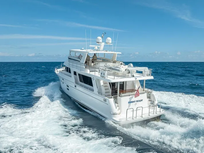 Sunny Seajay Yacht Photos Pics 2022 Hampton 658l Endurance yacht cruising on open sea under clear blue sky.