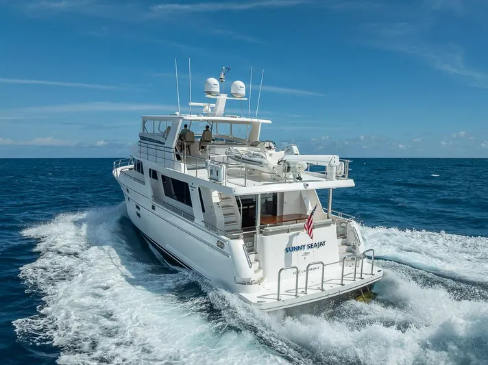 Sunny Seajay Yacht Photos Pics Luxury yacht Hampton 658l Endurance 2022 cruising on open sea under clear blue sky.