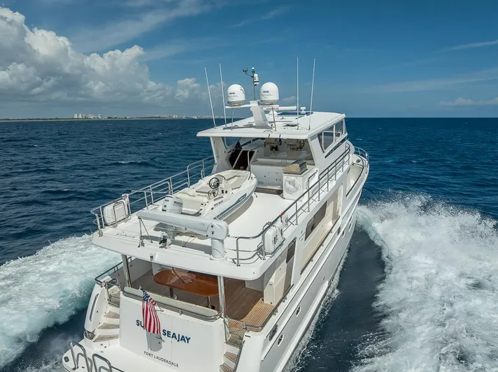 Sunny Seajay Yacht Photos Pics Luxurious 2022 Hampton 658l Endurance yacht cruising on open sea under clear blue sky.