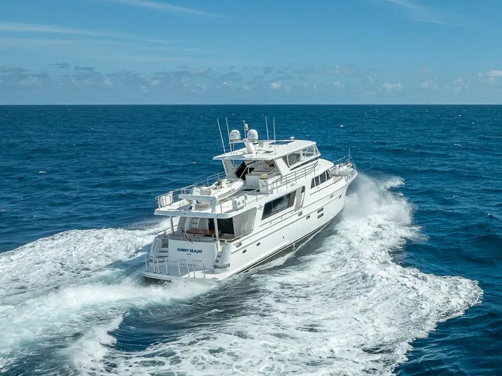 Sunny Seajay Yacht Photos Pics Luxury yacht Hampton 658l Endurance 2022 cruising on open ocean under clear blue sky.