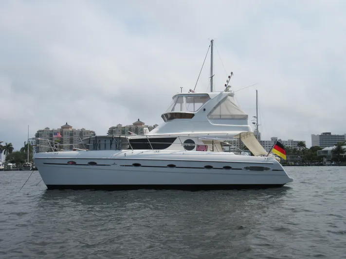 Africa 3 Yacht Photos Pics 2008 Africat Marine 420 yacht on calm water, cityscape background.