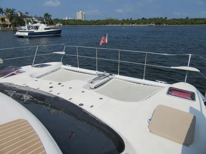 Africa 3 Yacht Photos Pics Africat Marine 420 yacht, 2008 model, on serene water with American flag.