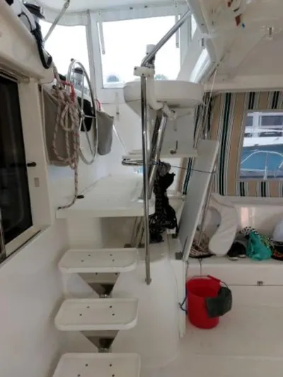Titan 46 Yacht Photos Pics Interior of a 2011 Leopard 46 yacht with stairs and nautical equipment.