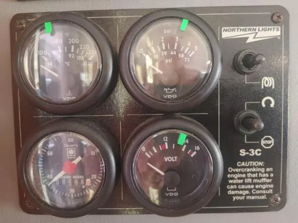 Titan 46 Yacht Photos Pics Leopard 46 engine control panel with gauges and caution label, 2011 model.