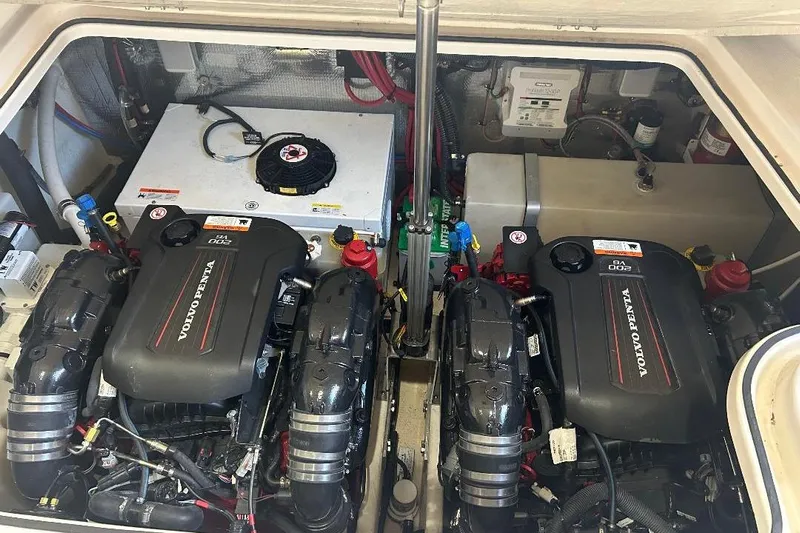 Yacht Photos Pics Engine compartment of 2017 Regal 30 Express with dual Volvo Penta engines.