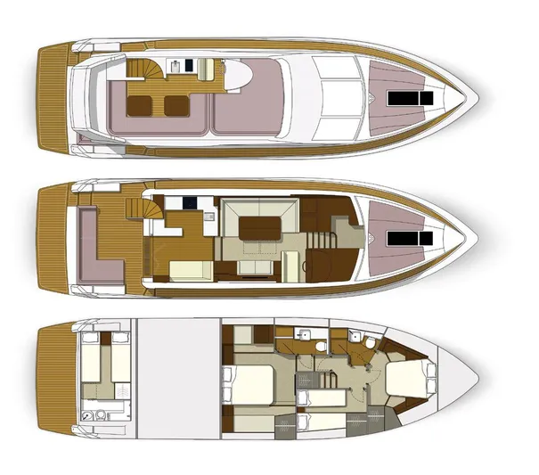 Sadeen Yacht Photos Pics Floor plan of 2016 Galeon 550 Fly yacht, showcasing three levels with detailed interior layout.