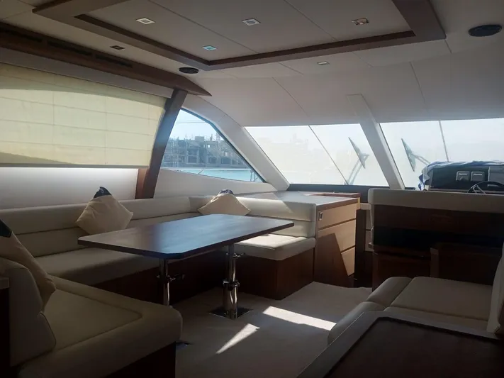 Sadeen Yacht Photos Pics Luxurious interior of 2016 Galeon 550 Fly yacht with elegant seating and panoramic windows.