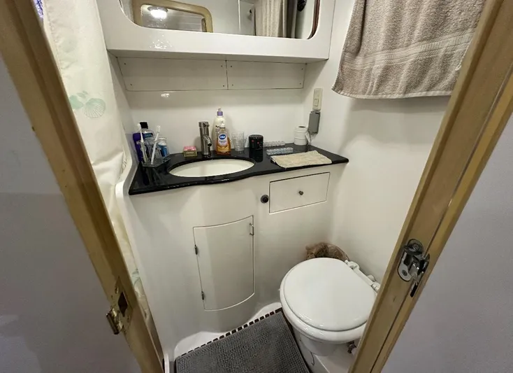  Yacht Photos Pics Bathroom interior of 1994 President 445 Sundeck yacht, featuring sink and toilet.