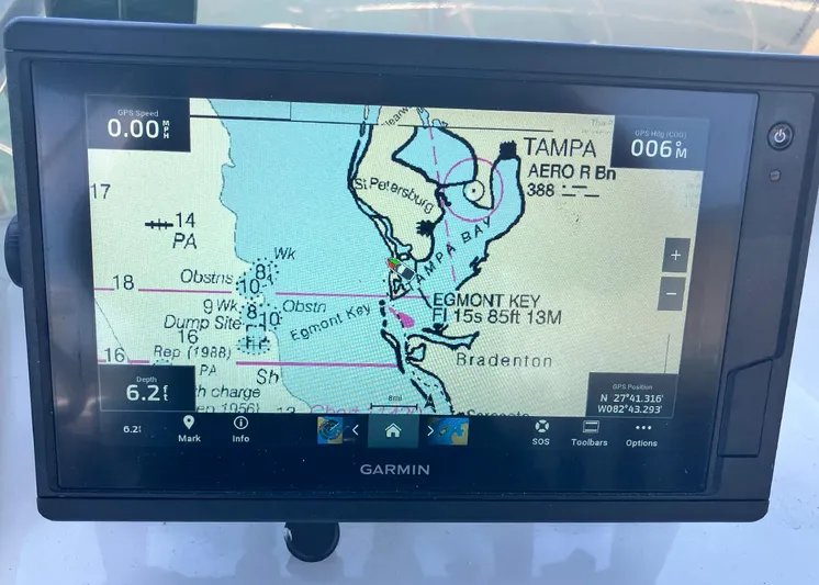 New Moon Yacht Photos Pics Garmin GPS displaying Tampa Bay nautical chart on Hatteras 42 CPMY, 1996 model.