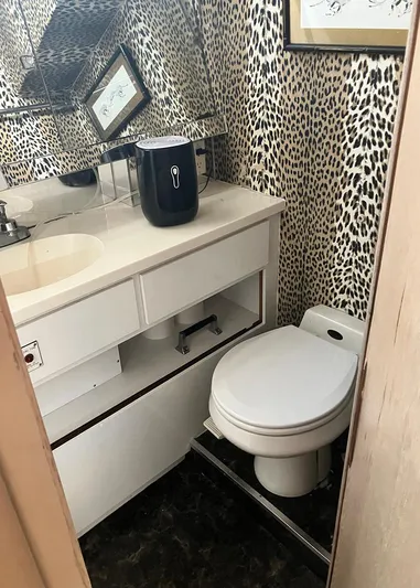 New Moon Yacht Photos Pics Leopard print bathroom in 1996 Hatteras 42 CPMY yacht with modern fixtures.