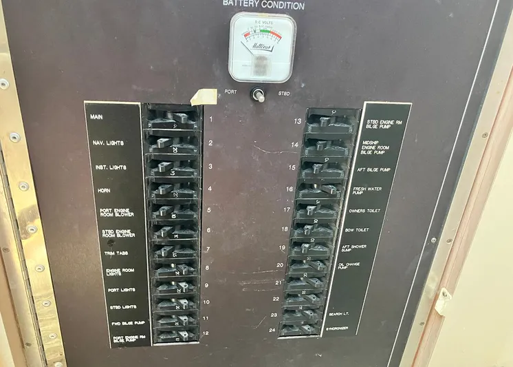New Moon Yacht Photos Pics Electrical panel of a 1996 Hatteras 42 CPMY boat with battery condition gauge.