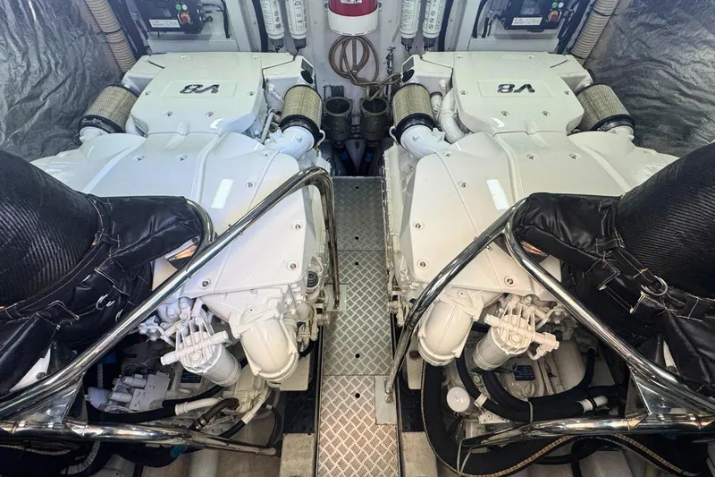 B III Yacht Photos Pics Engine room of 2021 Princess S62 yacht with dual V8 engines.