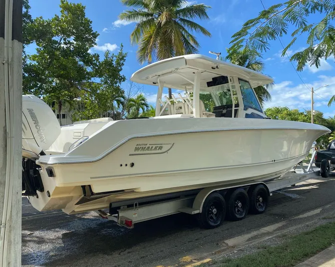  Yacht Photos Pics 2017 Boston Whaler 380 Outrage boat on trailer, surrounded by tropical trees.