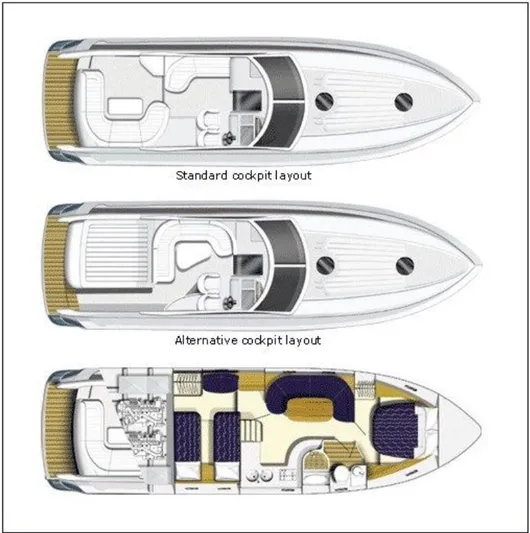  Yacht Photos Pics 2006 Princess V42 yacht cockpit and interior layout diagrams, showcasing standard and alternative designs.