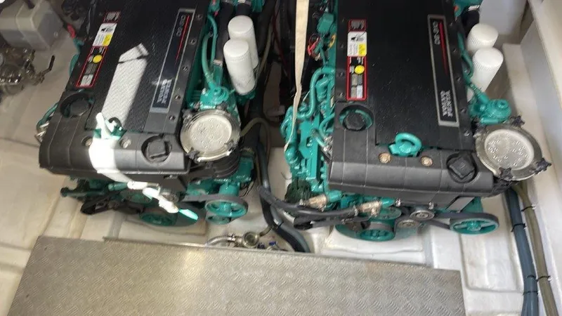  Yacht Photos Pics Engine compartment of a 2006 Princess V42 yacht, featuring dual engines.