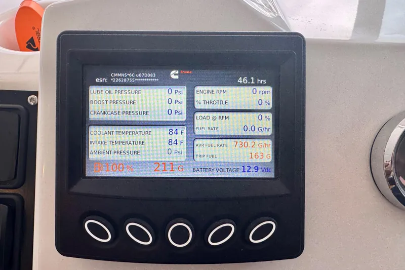  Yacht Photos Pics Display screen on 2025 Beneteau Swift Trawler 35 showing engine metrics and fuel data.