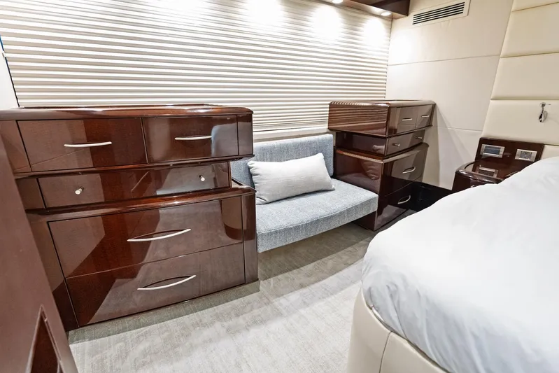 Liquid Asset Yacht Photos Pics Luxurious cabin interior of 2010 Lazzara 78 Fly yacht with elegant wood furnishings.