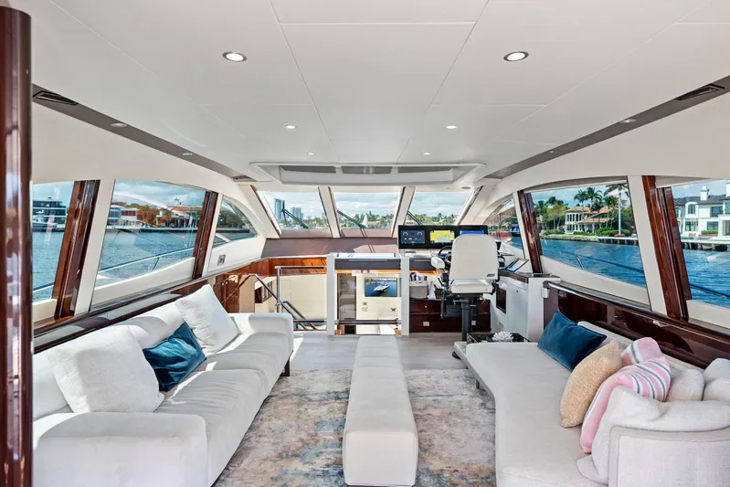 Liquid Asset Yacht Photos Pics Luxurious interior of 2010 Lazzara 78 Fly yacht with panoramic windows and plush seating.