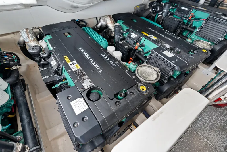 Liquid Asset Yacht Photos Pics Engine room of 2010 Lazzara 78 Fly yacht with Volvo Penta engines.
