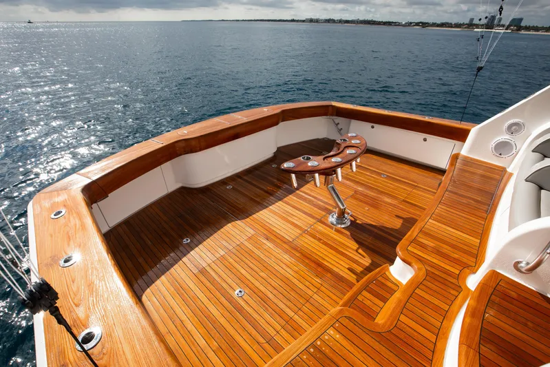 La Barca Yacht Photos Pics Luxurious 2024 Viking 68 Convertible yacht deck with polished wood finish.