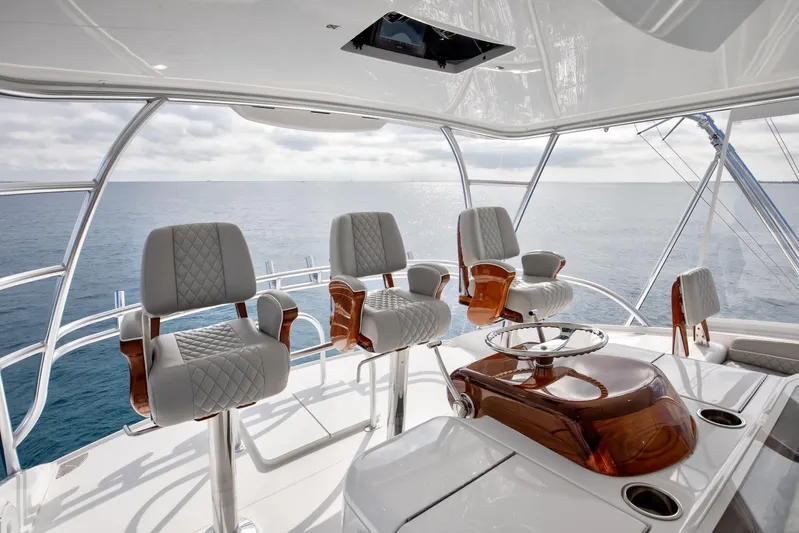 La Barca Yacht Photos Pics Luxurious 2024 Viking 68 Convertible yacht helm with elegant seating and ocean view.